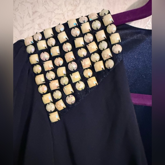 ASOS Navy Long Sheer Sleeve V-Neck Dress with Pearl-Embellished Shoulders, Flowy - Picture 4 of 8